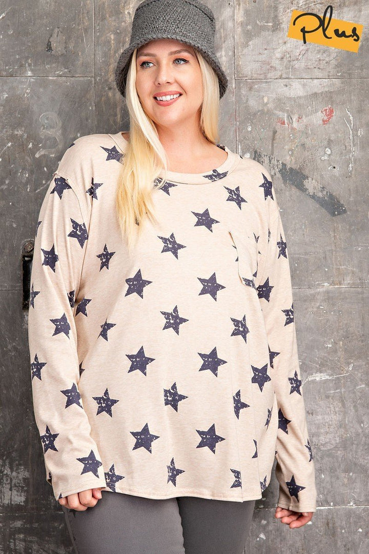 Plus Size Star Printed Poly Rayon Loose Fit Top in Khaki