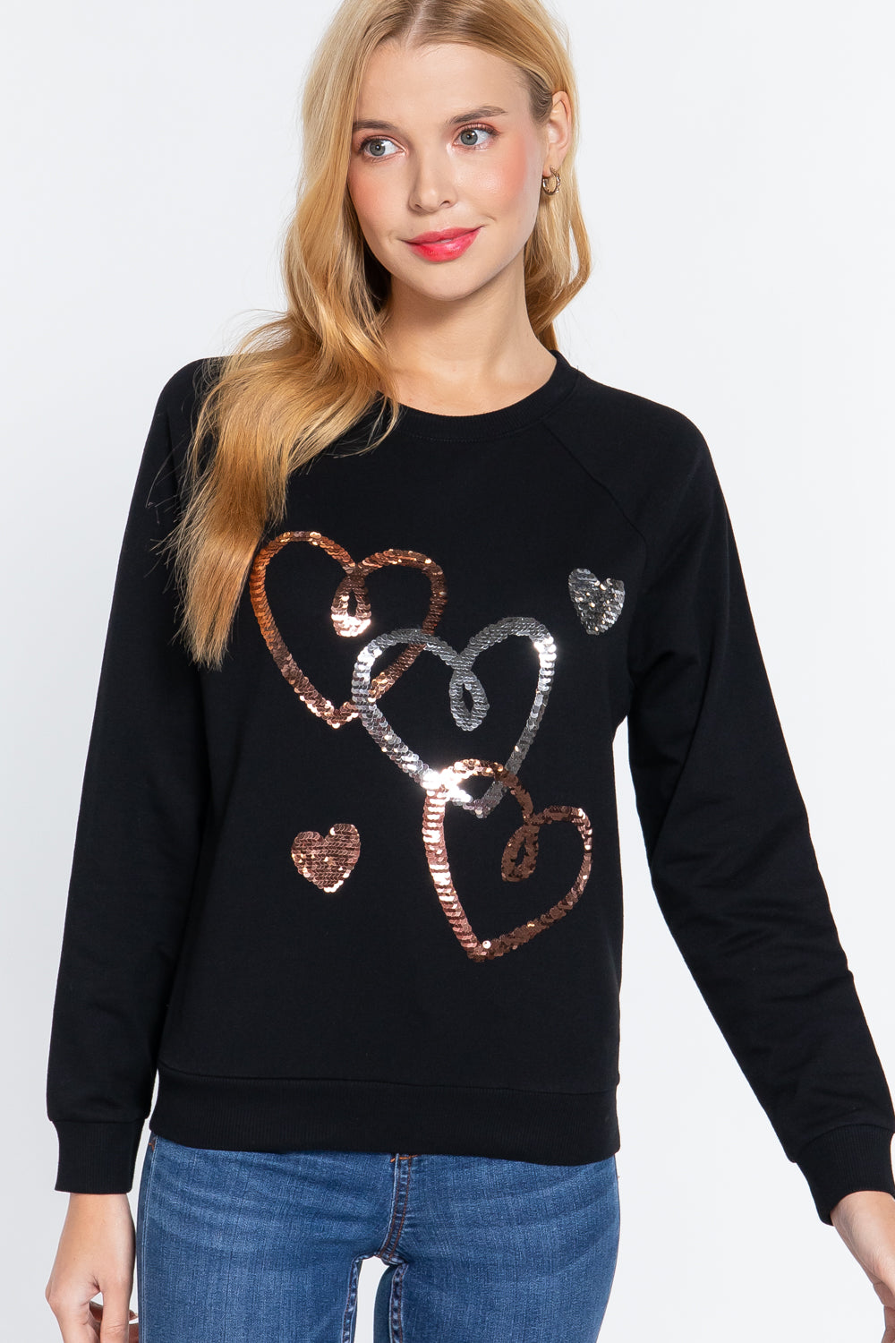 Long Sleeve Sequins French Terry Pullover Top in Black