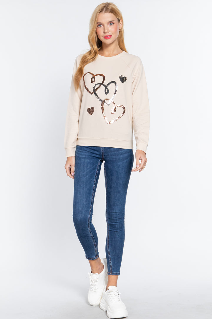 Long Sleeve Sequins French Terry Pullover Top in Bone