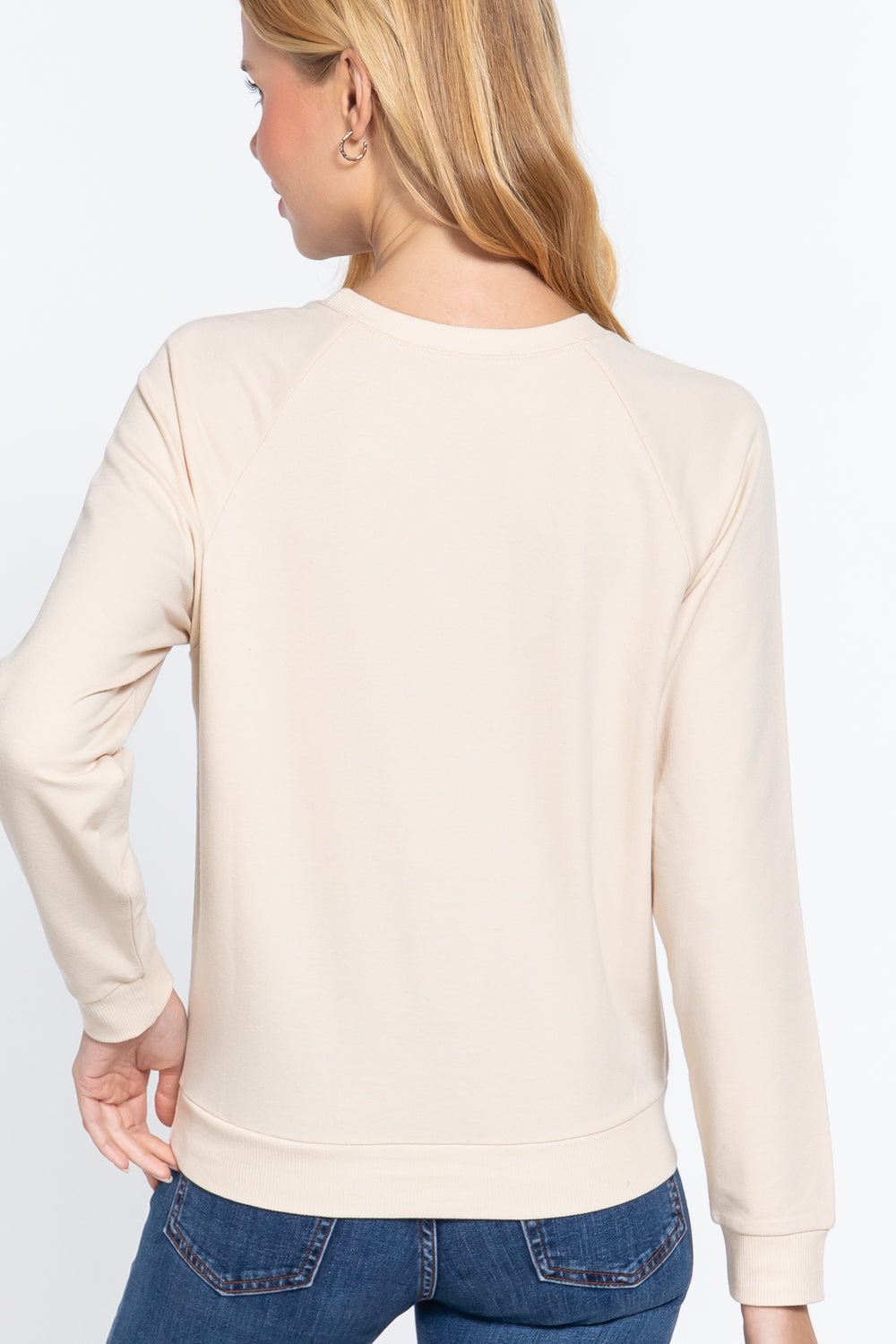 Long Sleeve Sequins French Terry Pullover Top in Bone