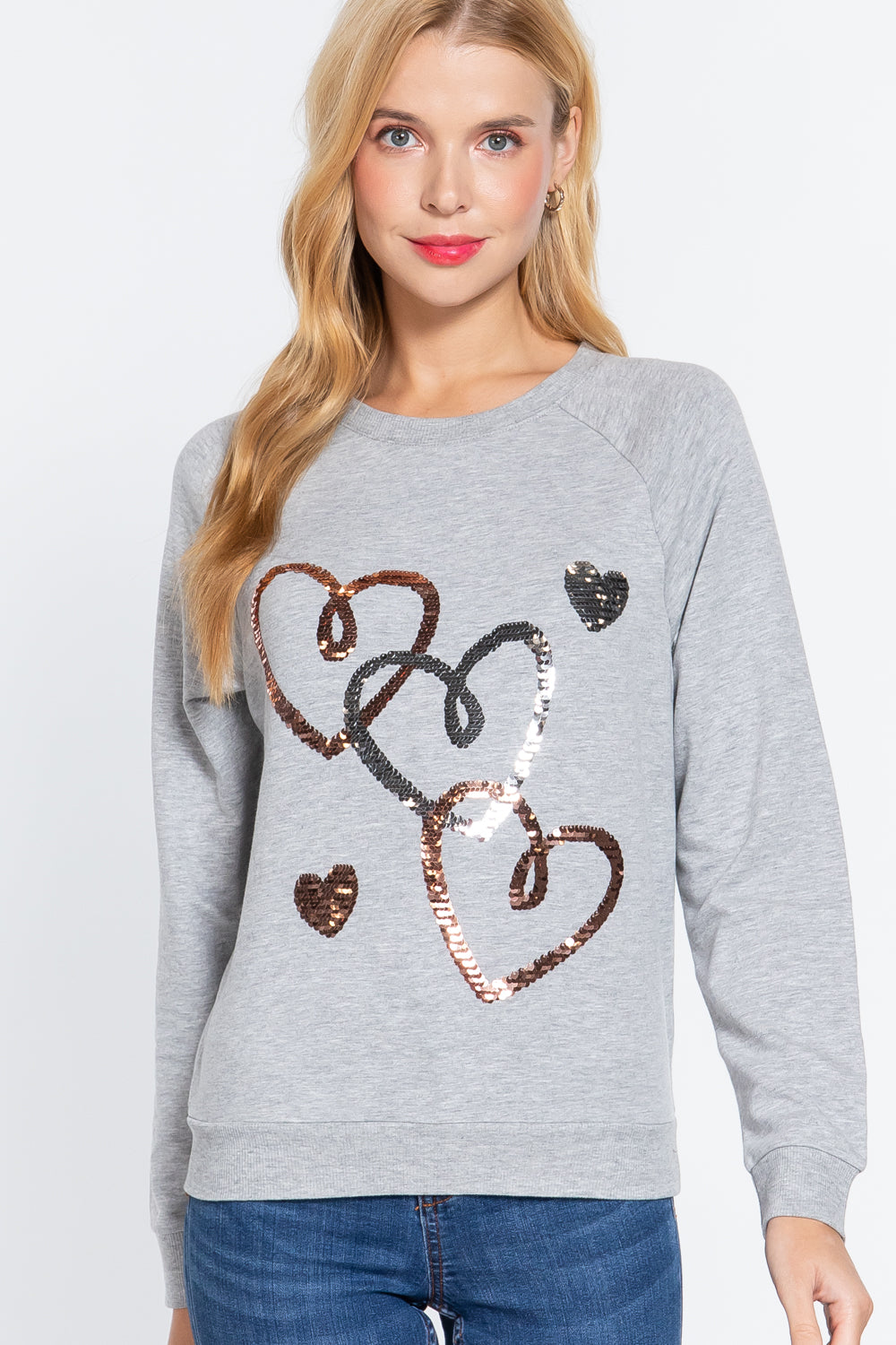 Long Sleeve Sequins French Terry Pullover Top in Heather Grey