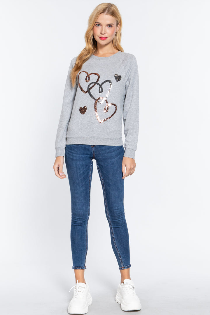 Long Sleeve Sequins French Terry Pullover Top in Heather Grey