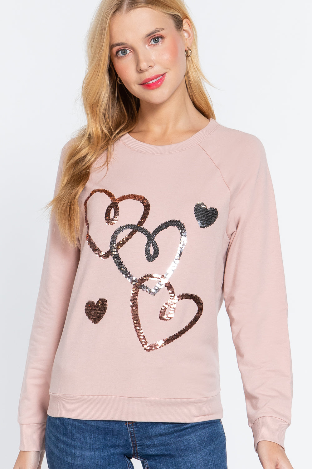 Long Sleeve Sequins French Terry Pullover Top in Pale Pink