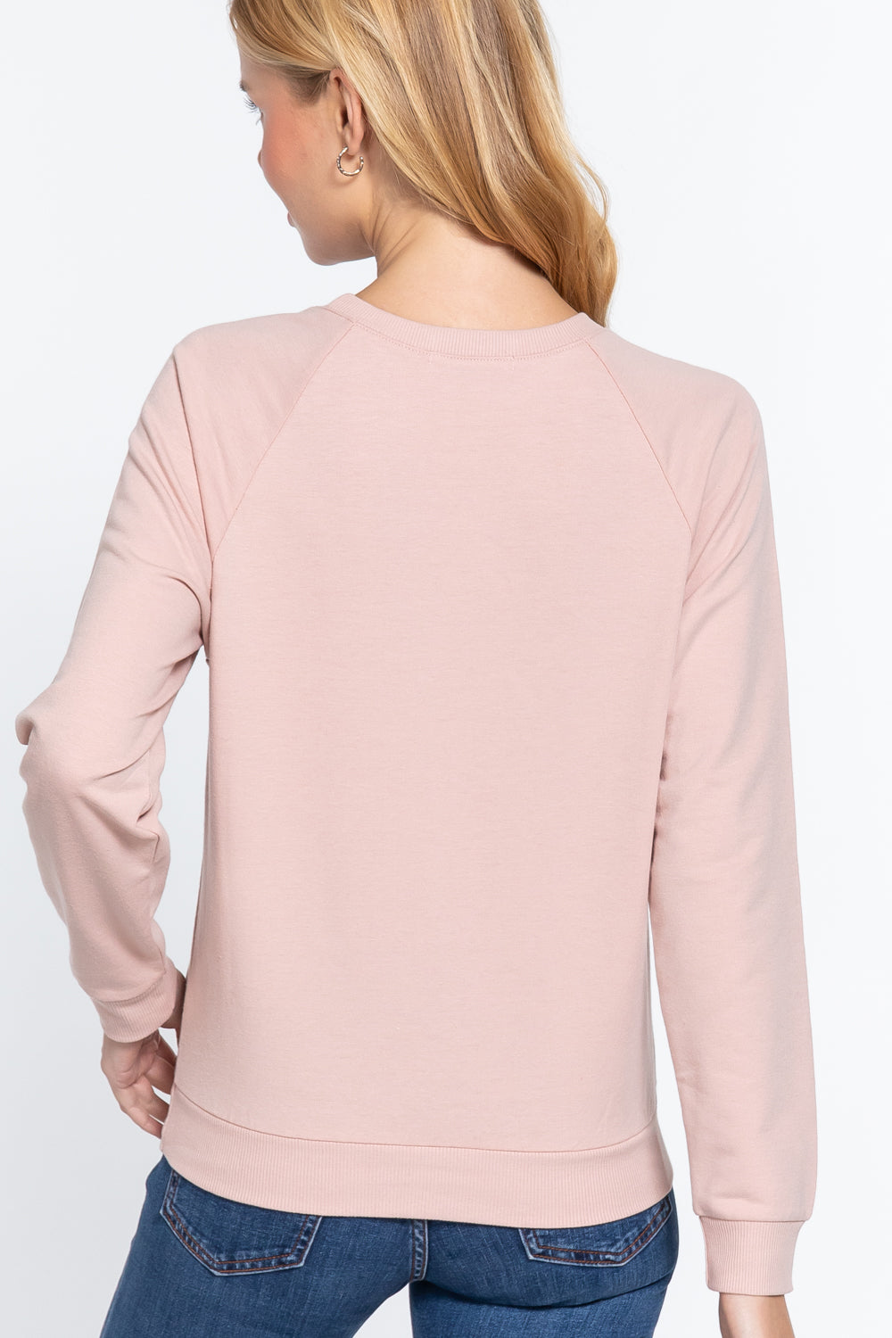 Long Sleeve Sequins French Terry Pullover Top in Pale Pink