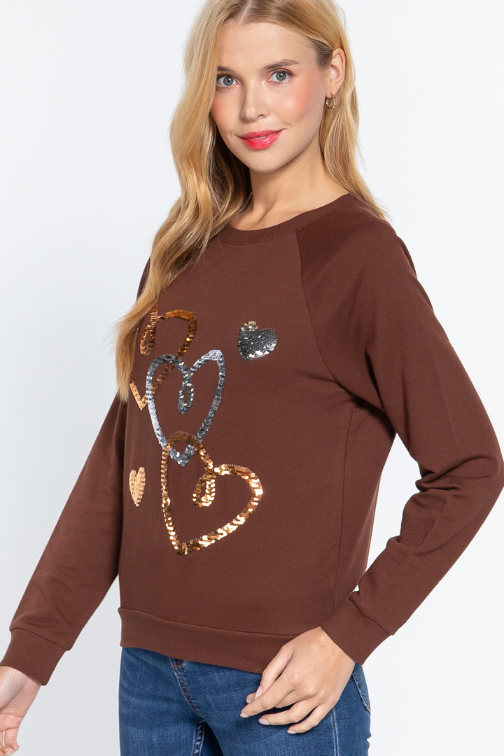 Long Sleeve Sequins French Terry Pullover Top in Serpia