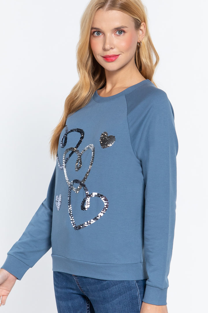 Long Sleeve Sequins French Terry Pullover Top in Vintage Blue