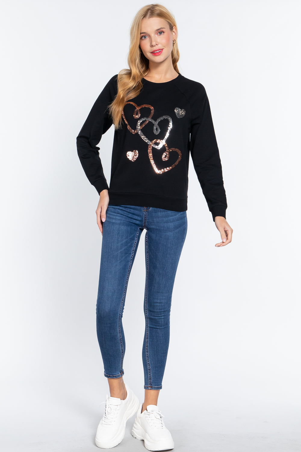 Long Sleeve Sequins French Terry Pullover Top in Black