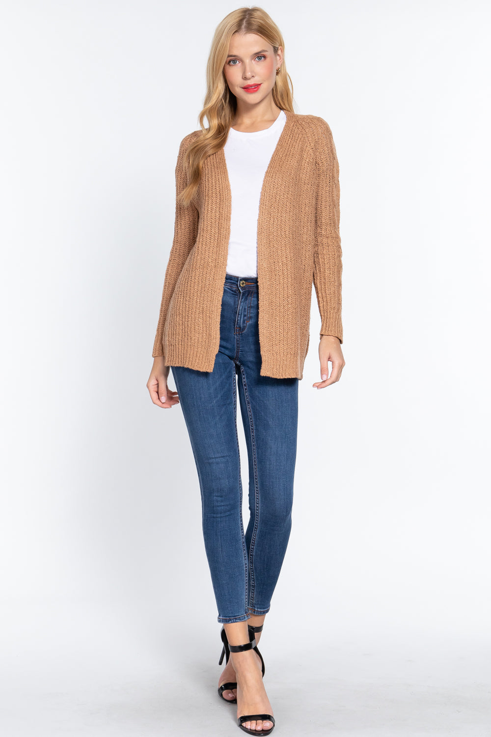 Long Sleeve Open Front Sweater Cardigan in Khaki