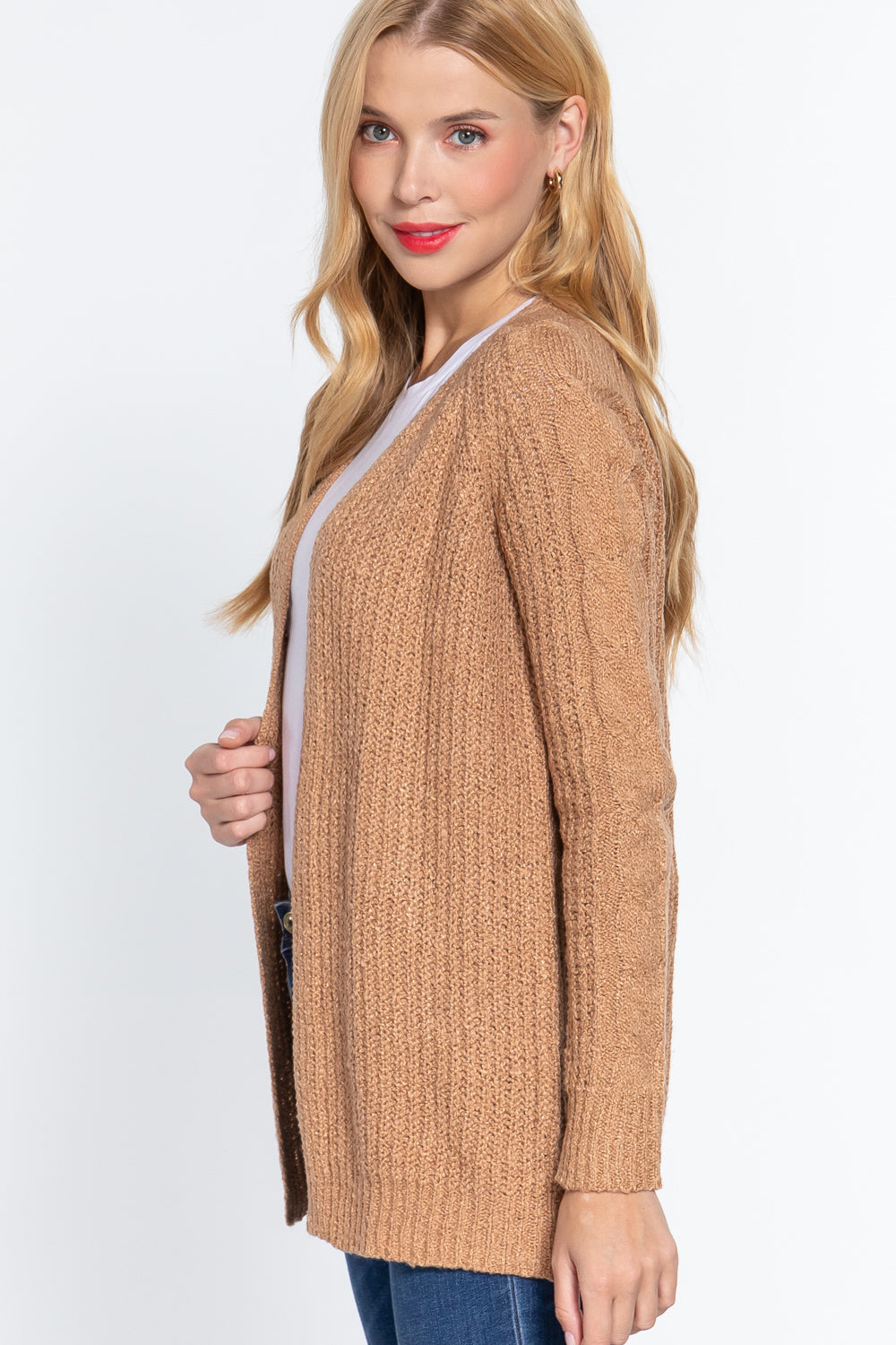 Active USA | Long Sleeve Open Front Sweater Cardigan in Khaki