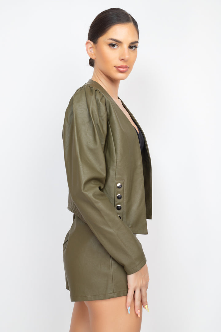 Side Button Detailed Jacket & Shorts Set in Olive