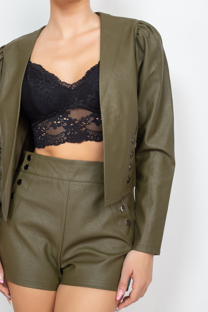 Side Button Detailed Jacket & Shorts Set in Olive