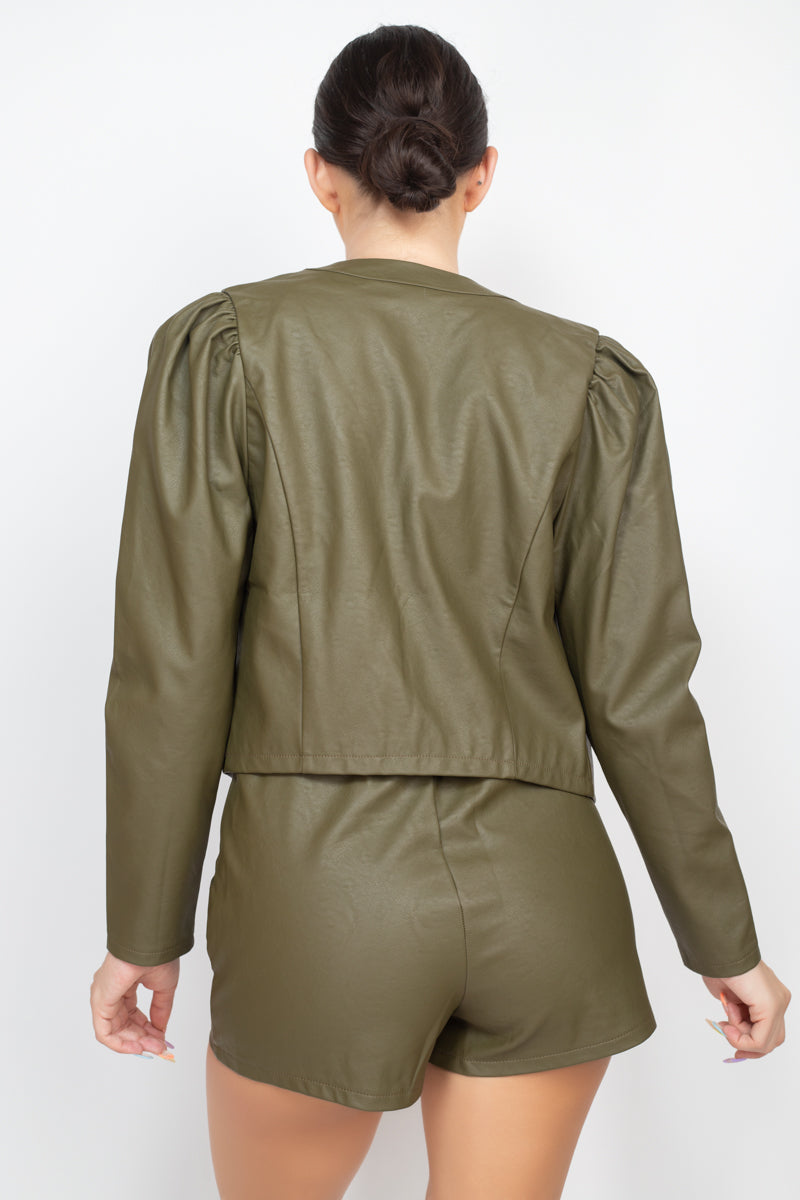 Side Button Detailed Jacket & Shorts Set in Olive