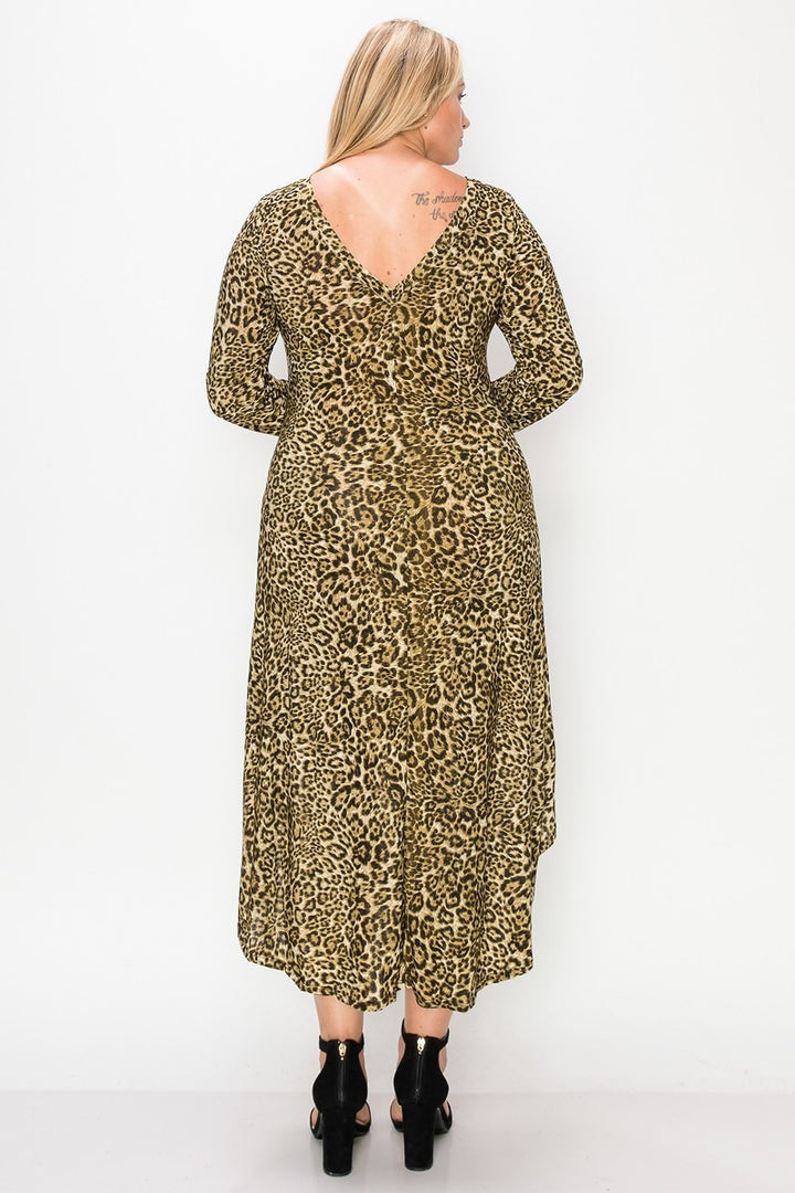 Long Sleeves Cheetah Print Dress Featuring A Round Neck in Olive Cheetah