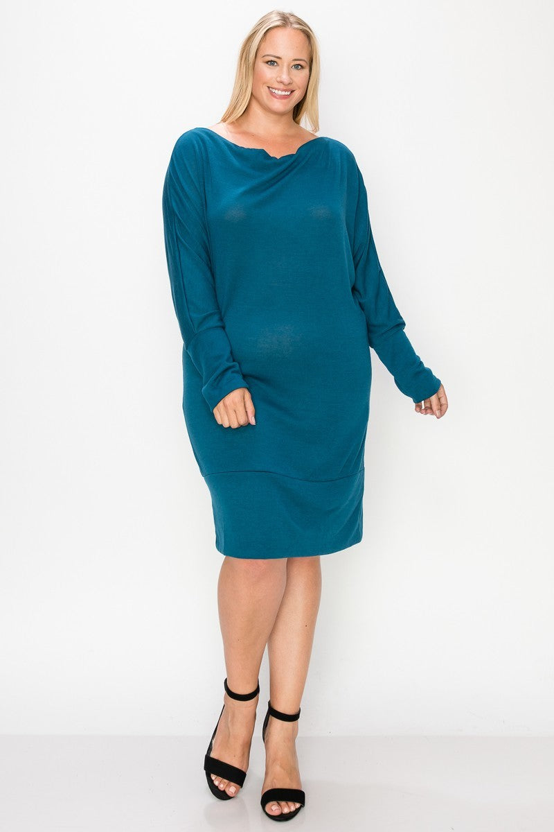 Draped Neck Long Sleeve Dress in Teal