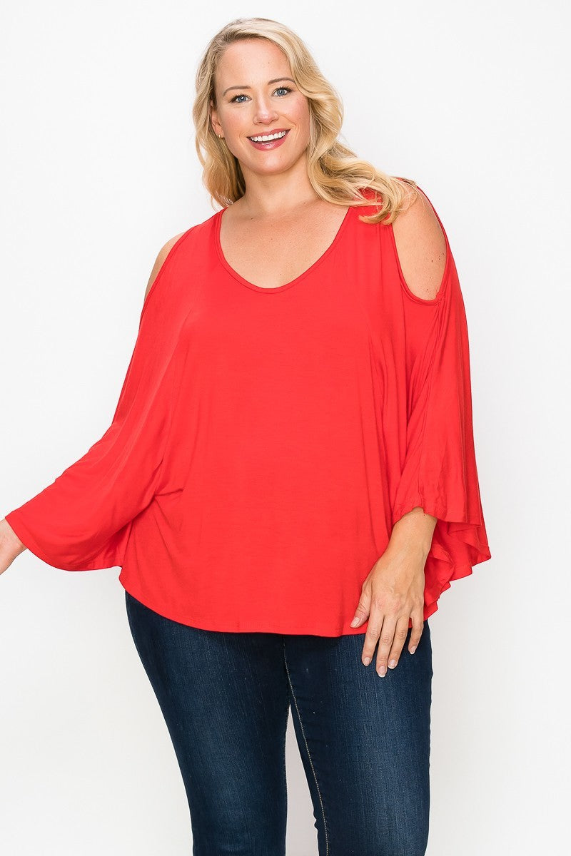 Women Plus Size Solid Top Featuring Kimono Style Sleeves Red
