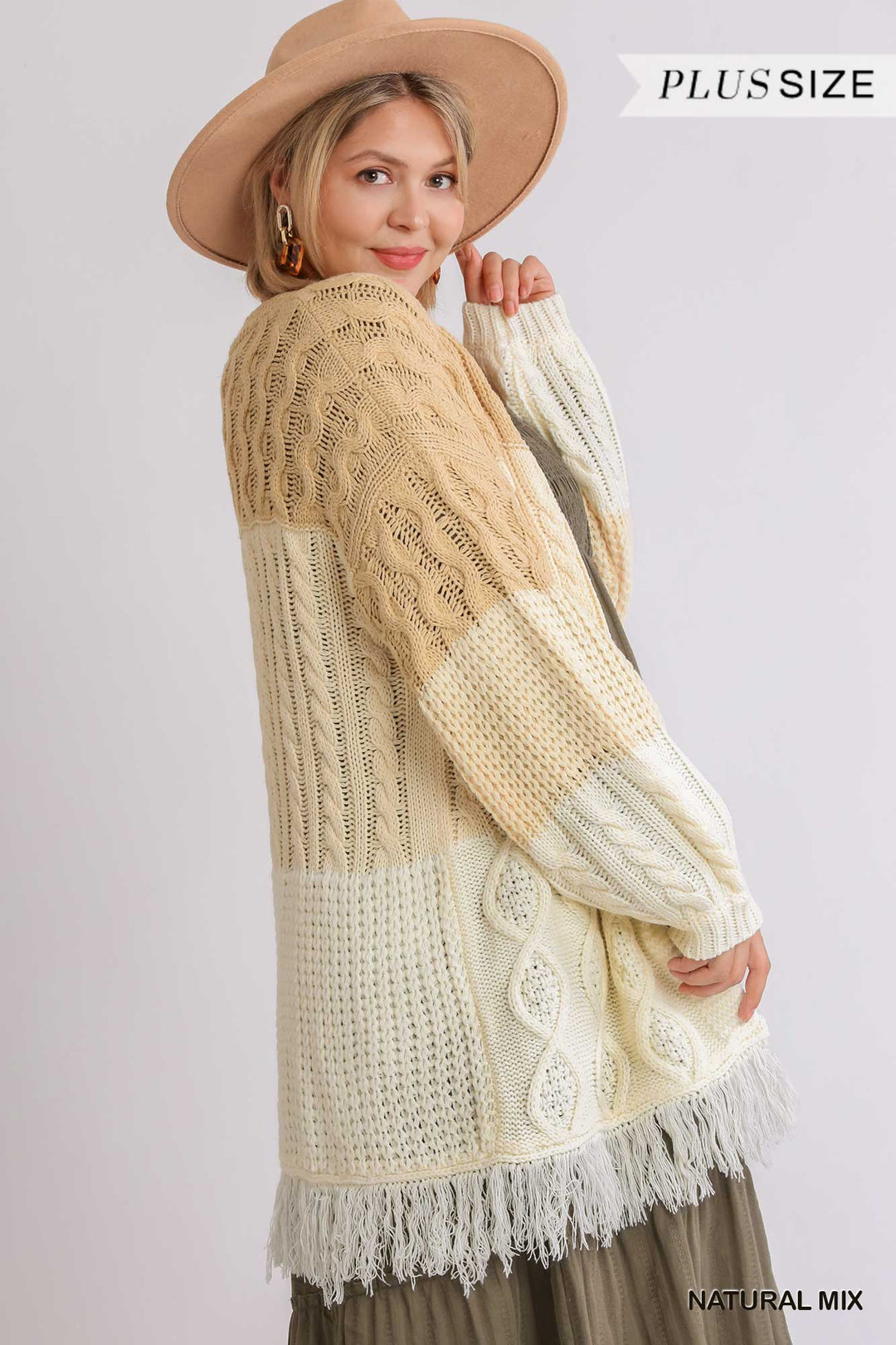 Patchwork Knitted Open Front Cardigan Sweater With Frayed Hem (Natural Mix)