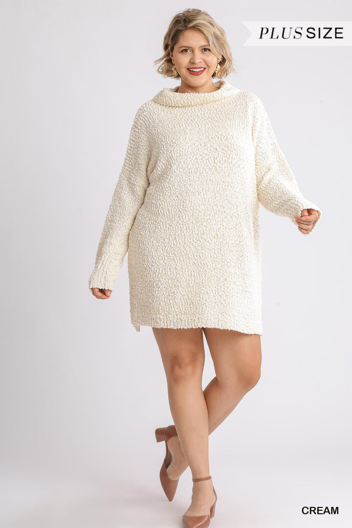 High Cowl Neck Bouclé Long Sleeve Sweater Dress in Cream