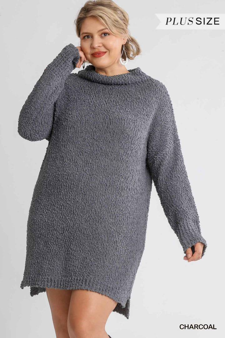 High Cowl Neck Bouclé Long Sleeve Sweater Dress in Charcoal