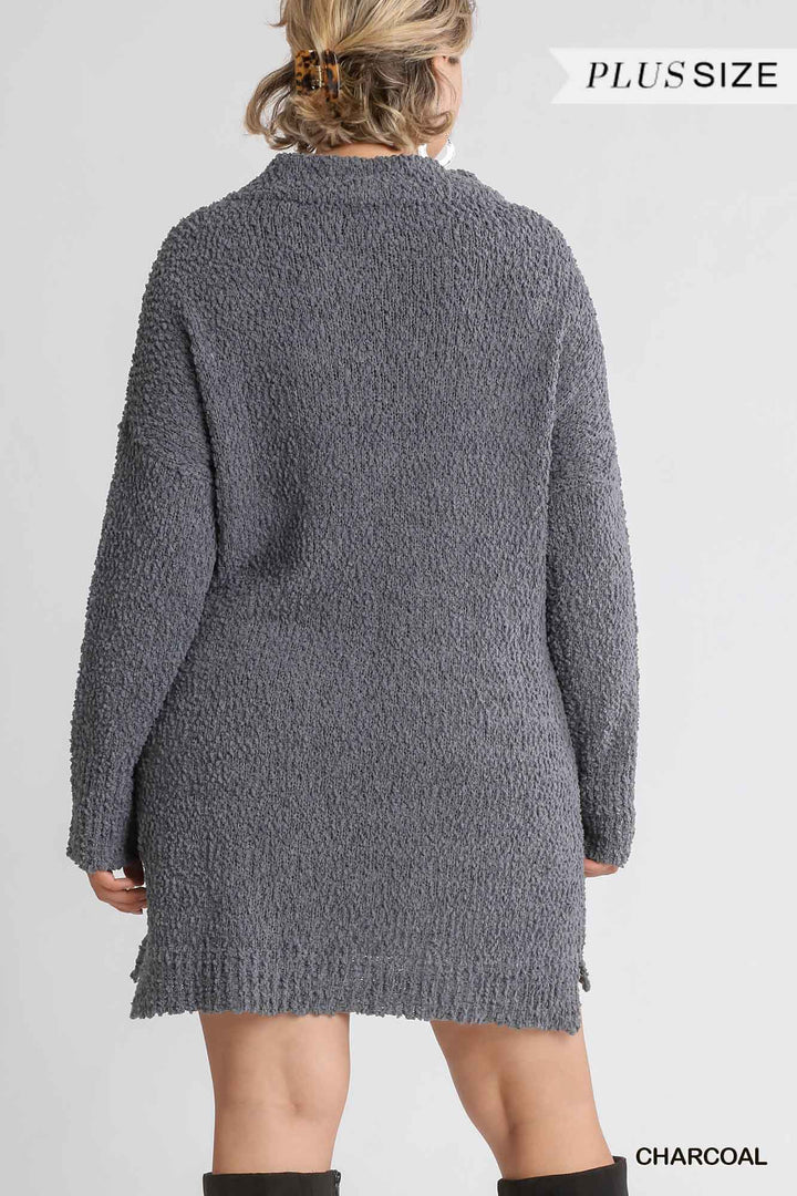 High Cowl Neck Bouclé Long Sleeve Sweater Dress in Charcoal