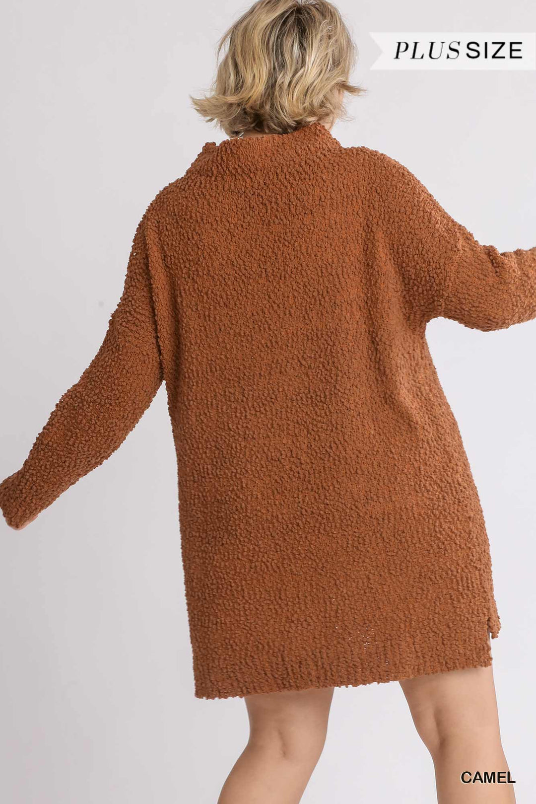 High Cowl Neck Bouclé Long Sleeve Sweater Dress in Camel