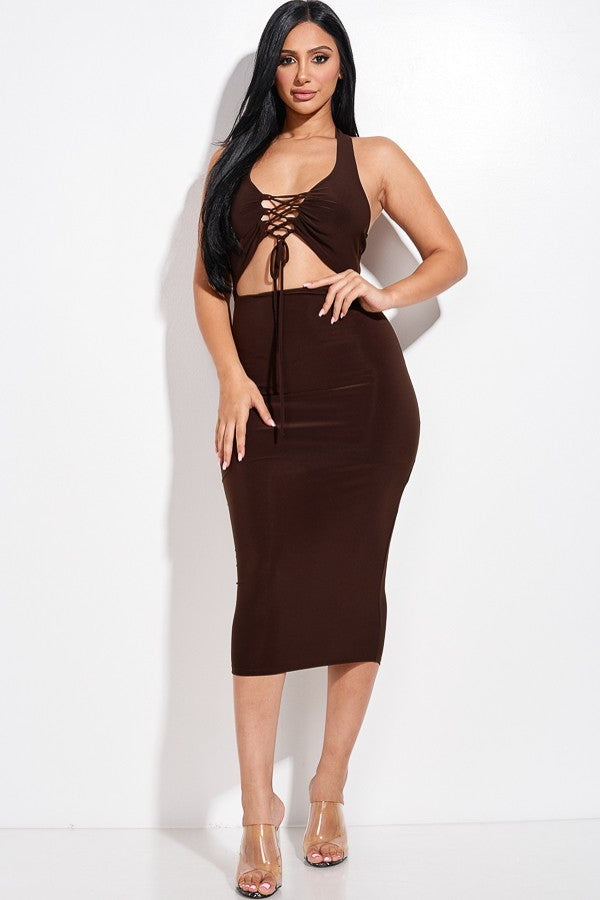 Solid Halter Neck Midi Dress With Criss Cross Front And Cutout in Chocolate