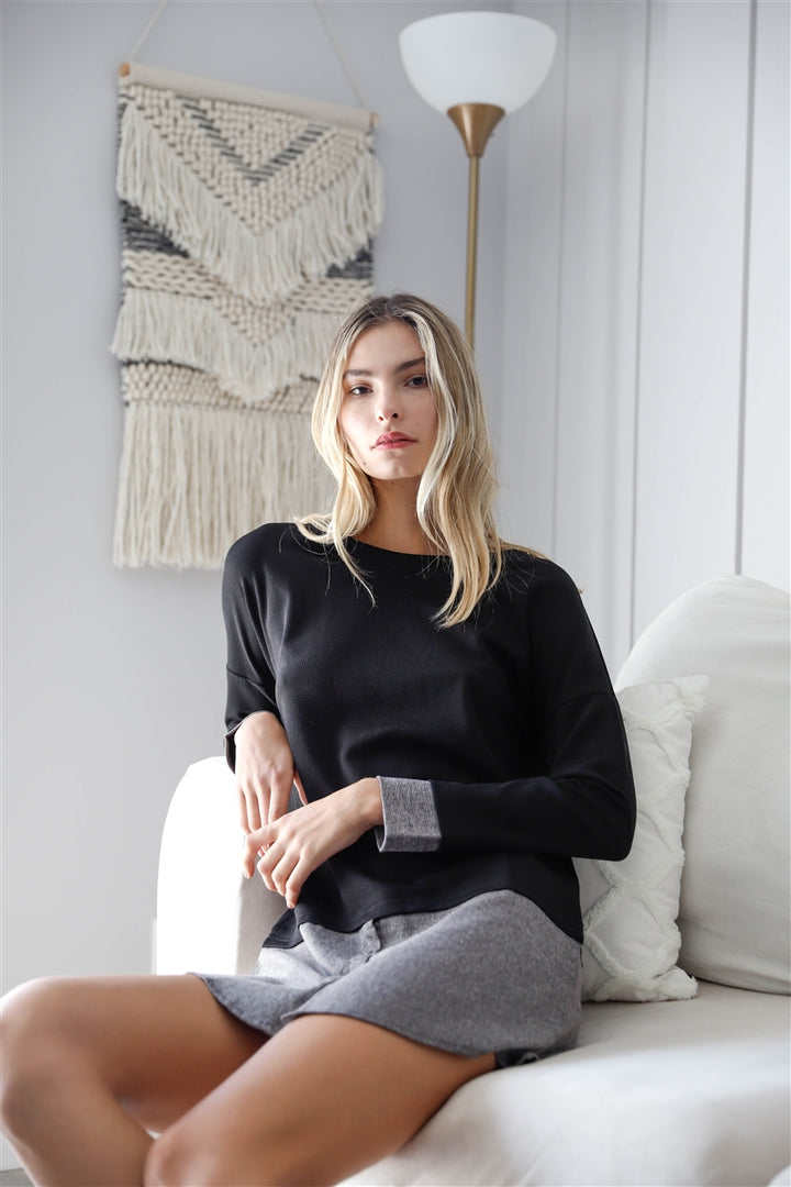 Knit Combo Long Sleeve Sweater Dress in Black