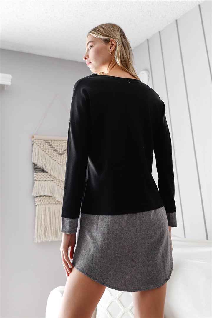 Knit Combo Long Sleeve Sweater Dress in Black