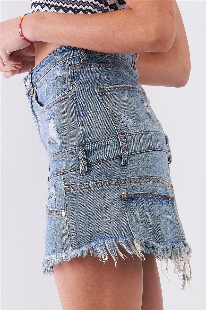 High-waist Distressed Effect Asymmetrical Trim Raw Hem Detail Mini Skirt