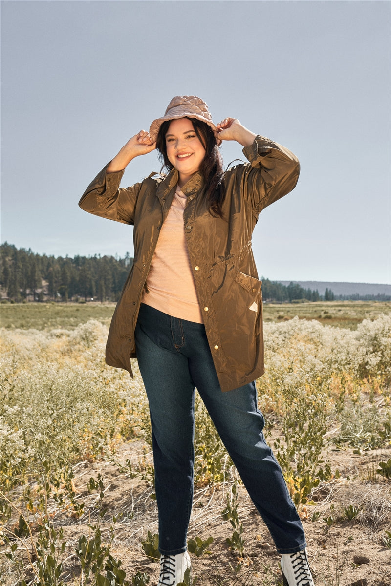 Plus Size Glossy Drawstring Hem Button-down Coach Jacket in Olive