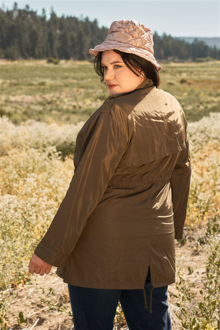 Plus Size Glossy Drawstring Hem Button-down Coach Jacket in Olive