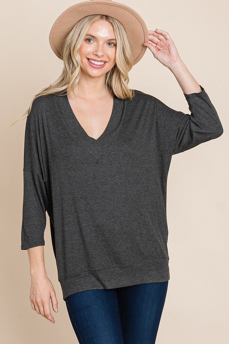 Solid Rib Modal Casual 3/4 Sleeves Dolman Sleeves Top in Charcoal