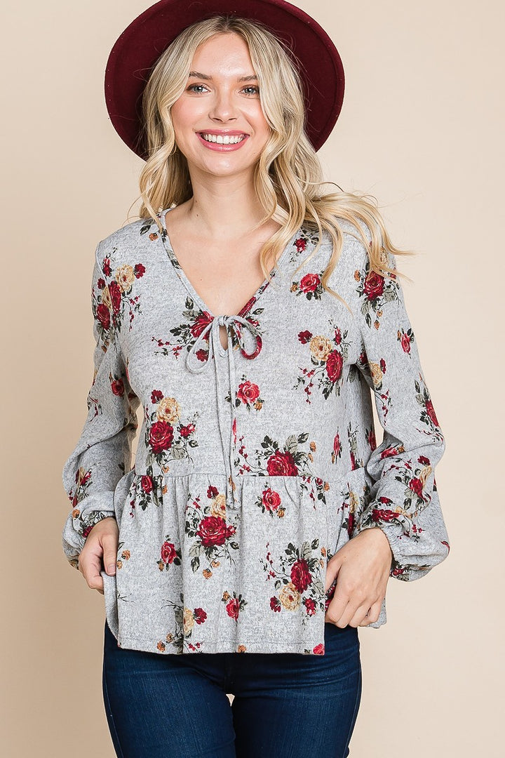 Floral Hacci Printed Babydoll Top With Elastic Cuff Sleeves in Grey/Red
