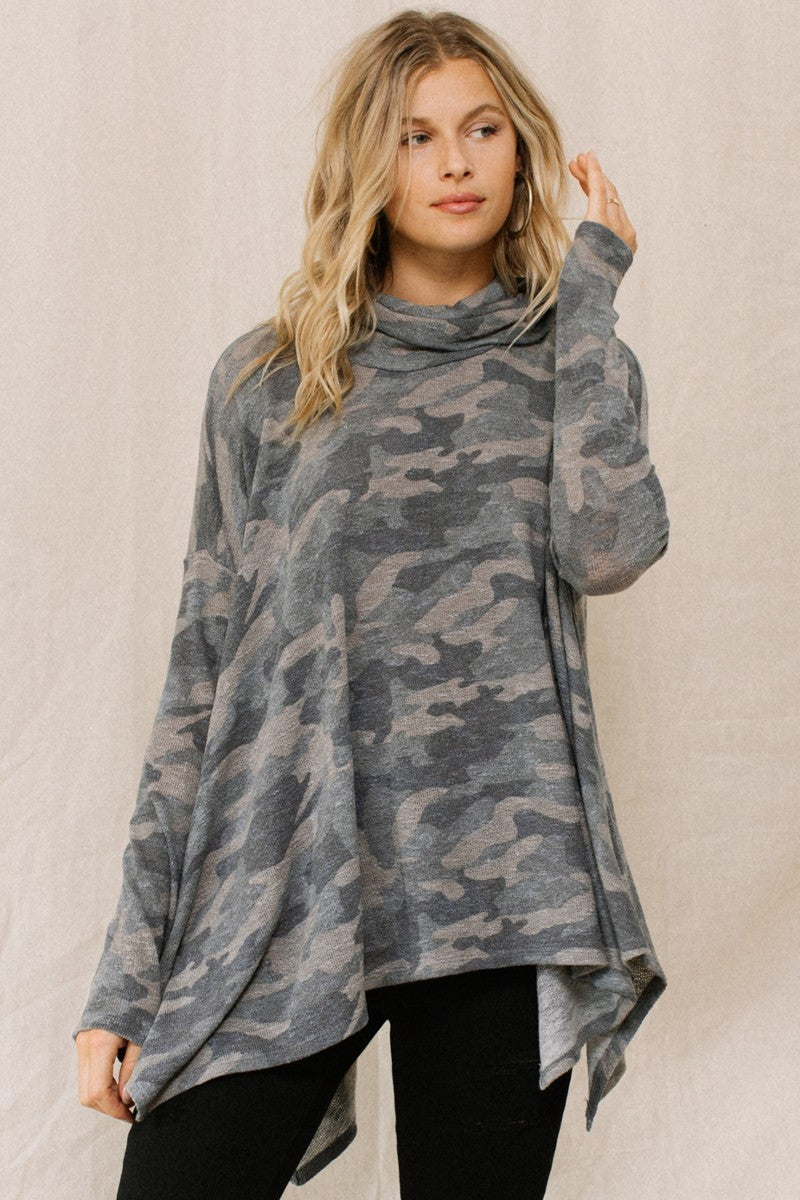 Camouflage Printed Turtleneck Top in Camo Grey