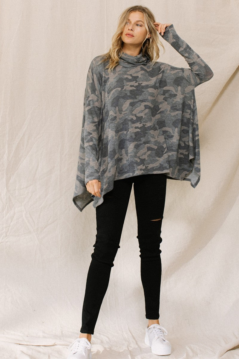 Camouflage Printed Turtleneck Top in Camo Grey