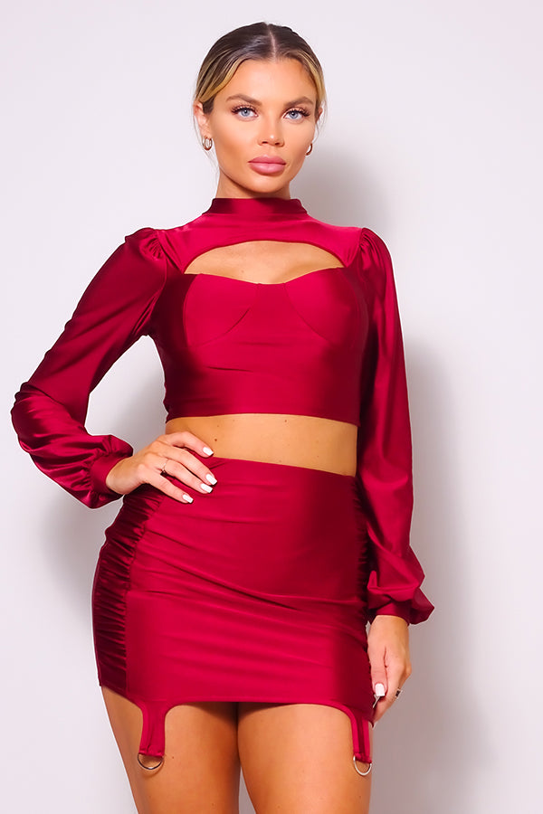 Long Sleeve Front Cutout Turtleneck Blouse & Side Ruched Garter Mini Skirt Set in Wine