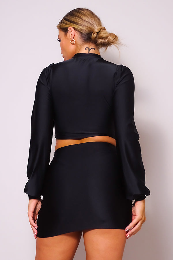 Long Sleeve Front Cutout Turtleneck Blouse & Side Ruched Garter Mini Skirt Set in Black
