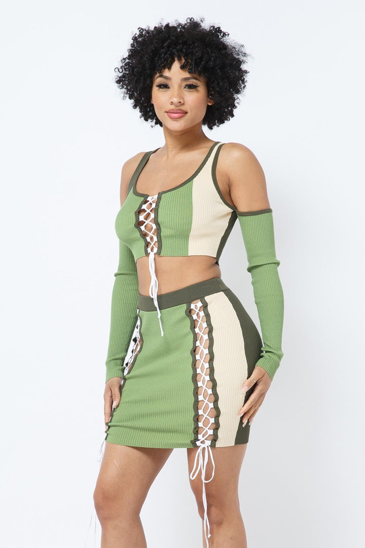 Multi Color Block Top and Skirt Set