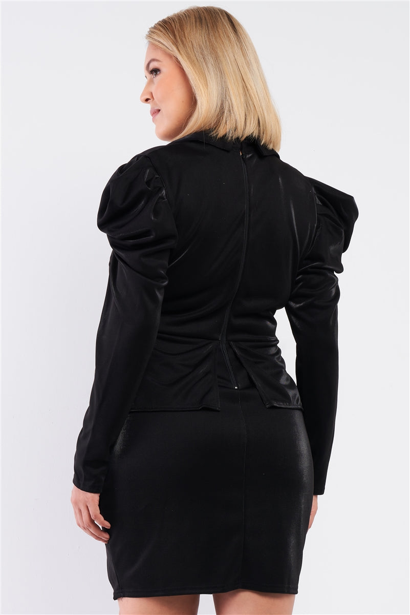 Plus Long Sleeve Victorian Steampunk Inspired V-neck Button Front Pleated Detail Mock Blazer Fitted Dress in Black