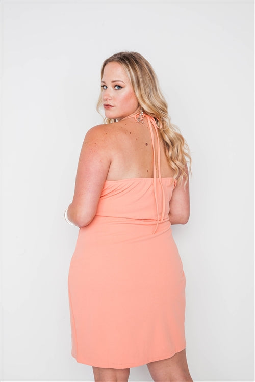 Plus Size Lace Detail Bodycon Mini Dress in Coral