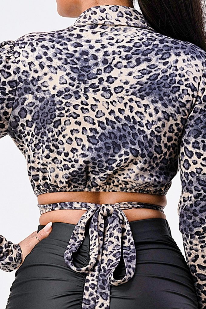 Sexy Animal Print Collared Back-tie Wrap Top in Taupe