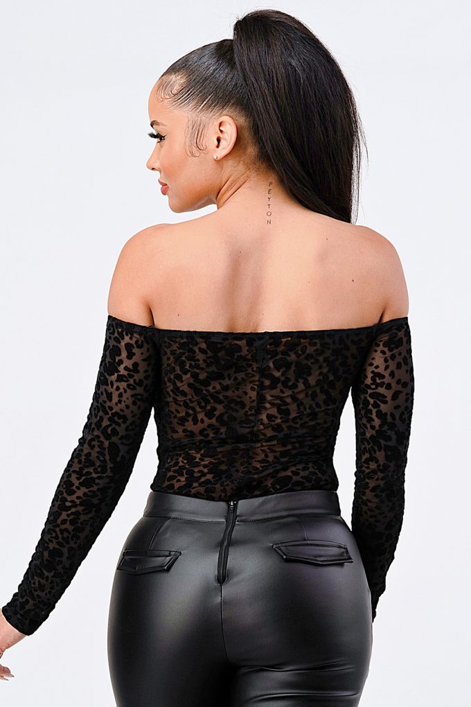 Leopard Print Off Shoulder Bodysuit in Black