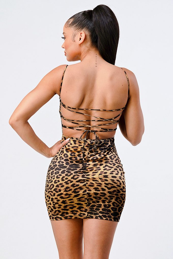 Leopard Print Knit Satin Mini Dress in Brown