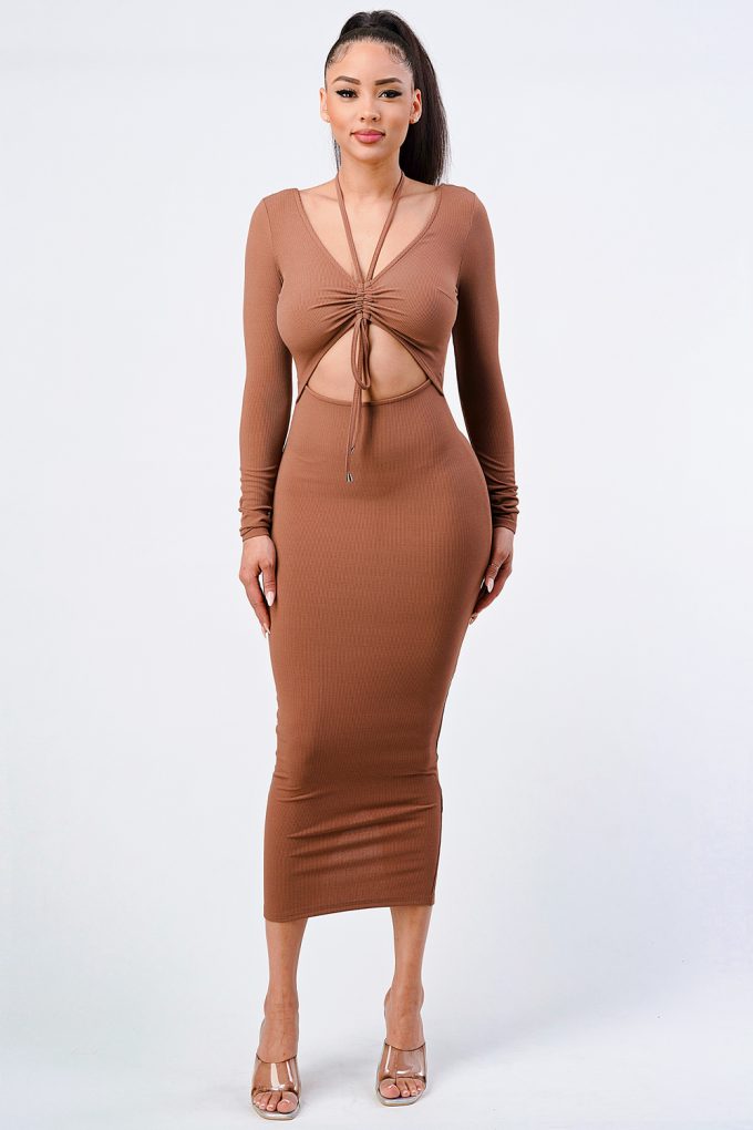 Trendy Front Shirring Cut-out Long Sleeved Dress in Mocha