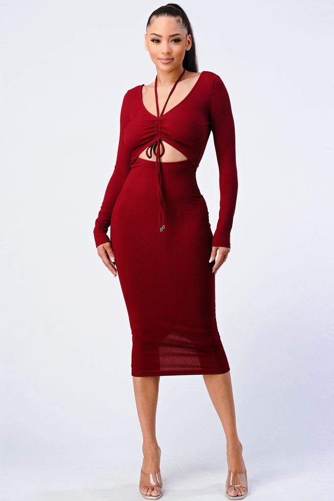 Trendy Front Shirring Cut-out Long Sleeved Dress in Burgundy