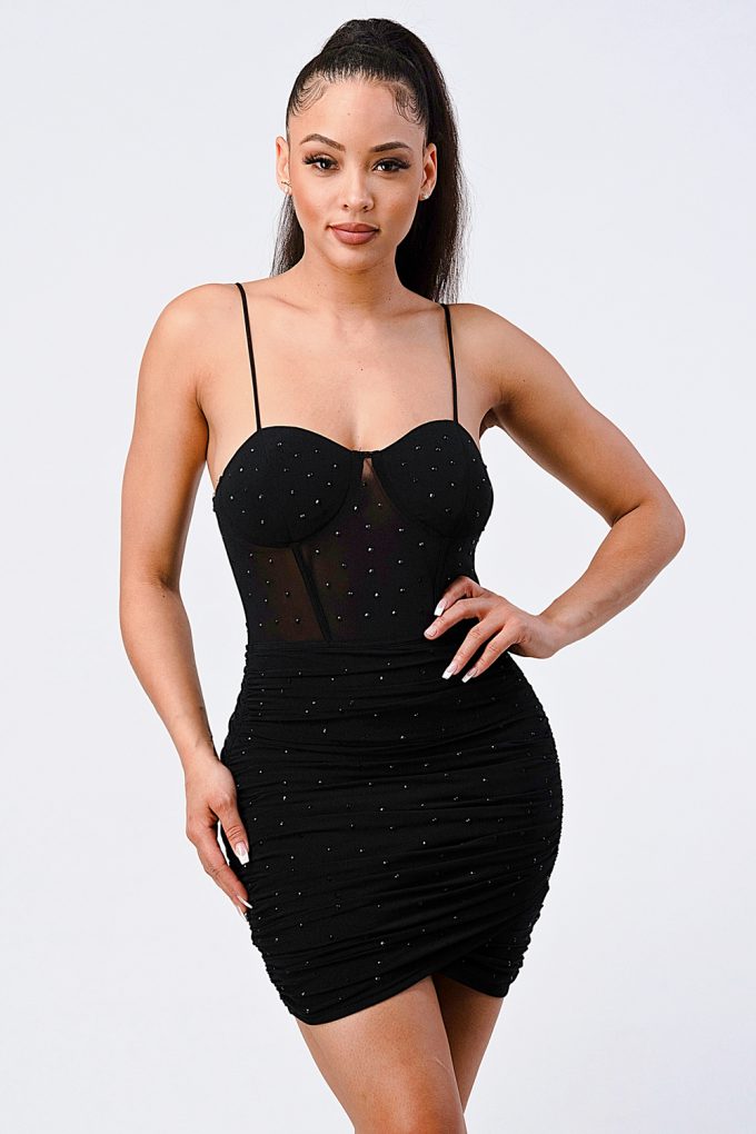 Luxe Glitter Front Mesh Ribbed Cami Mini Dress in Black