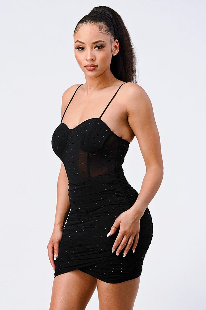 Luxe Glitter Front Mesh Ribbed Cami Mini Dress in Black