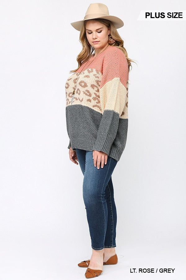 Color Block And Leopard Pattern Mixed Pullover Sweater in Light Rose/Grey