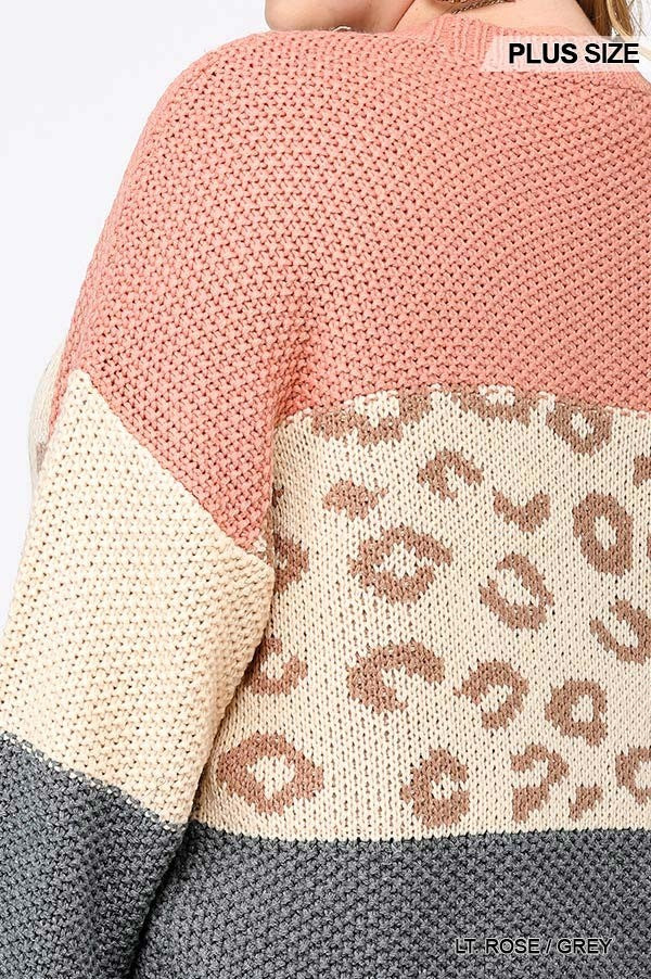 Color Block And Leopard Pattern Mixed Pullover Sweater in Light Rose/Grey