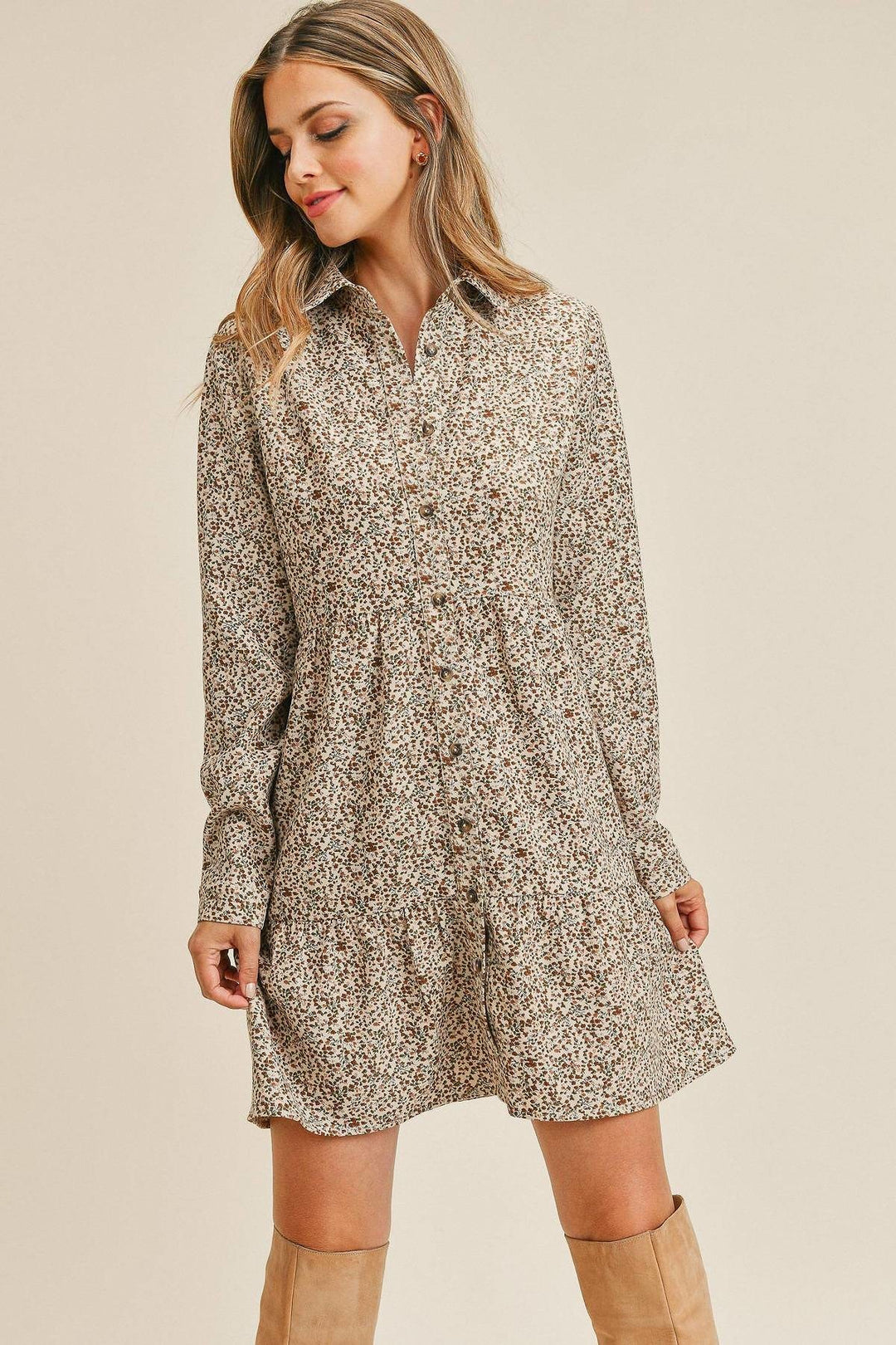 Corduroy Printed Button Down Front Collar Long Sleeve Dress in Taupe
