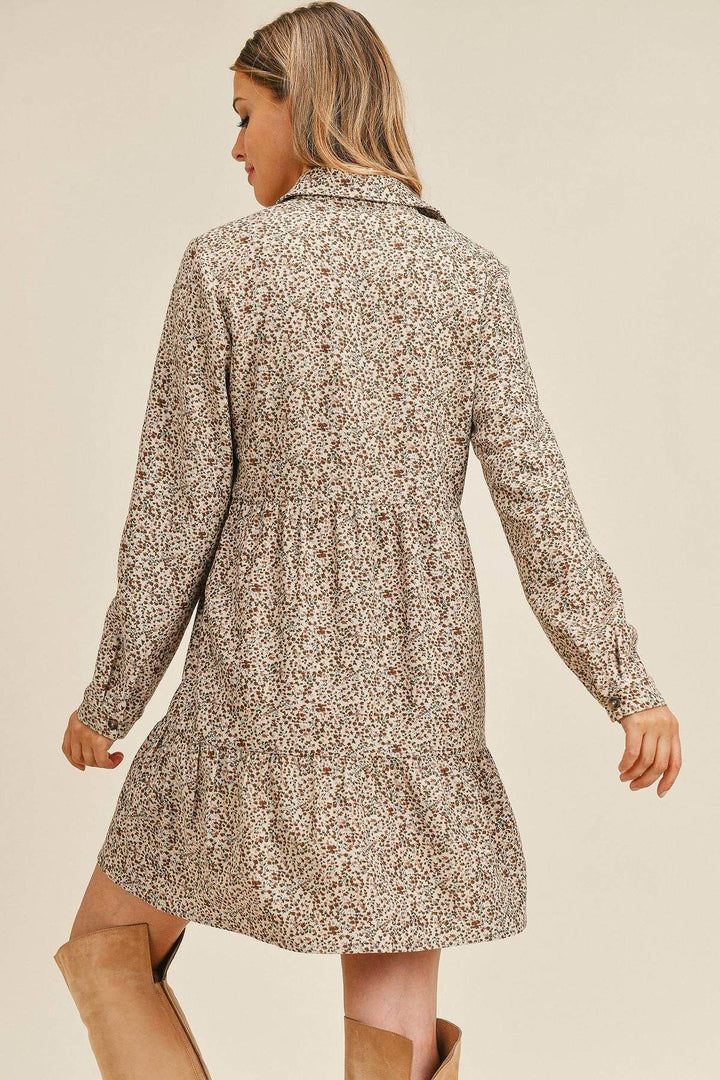 Corduroy Printed Button Down Front Collar Long Sleeve Dress in Taupe